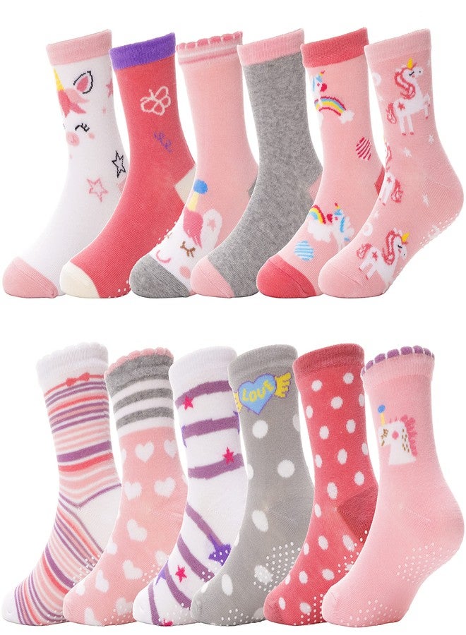 ANTSANG Baby Girls Toddlers Grips Socks Kids Non Slip/Anti Skid Unicorn Striped Crew Cotton Socks 12 Pairs Gift Stocking Stuffers (Girl's-Unicorn Pink(12 Pairs),3-5 Y) - Image 1